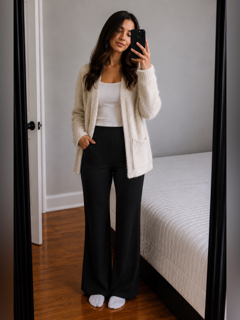 H&M Black Ribbed Elastic Waistband Flared Pants